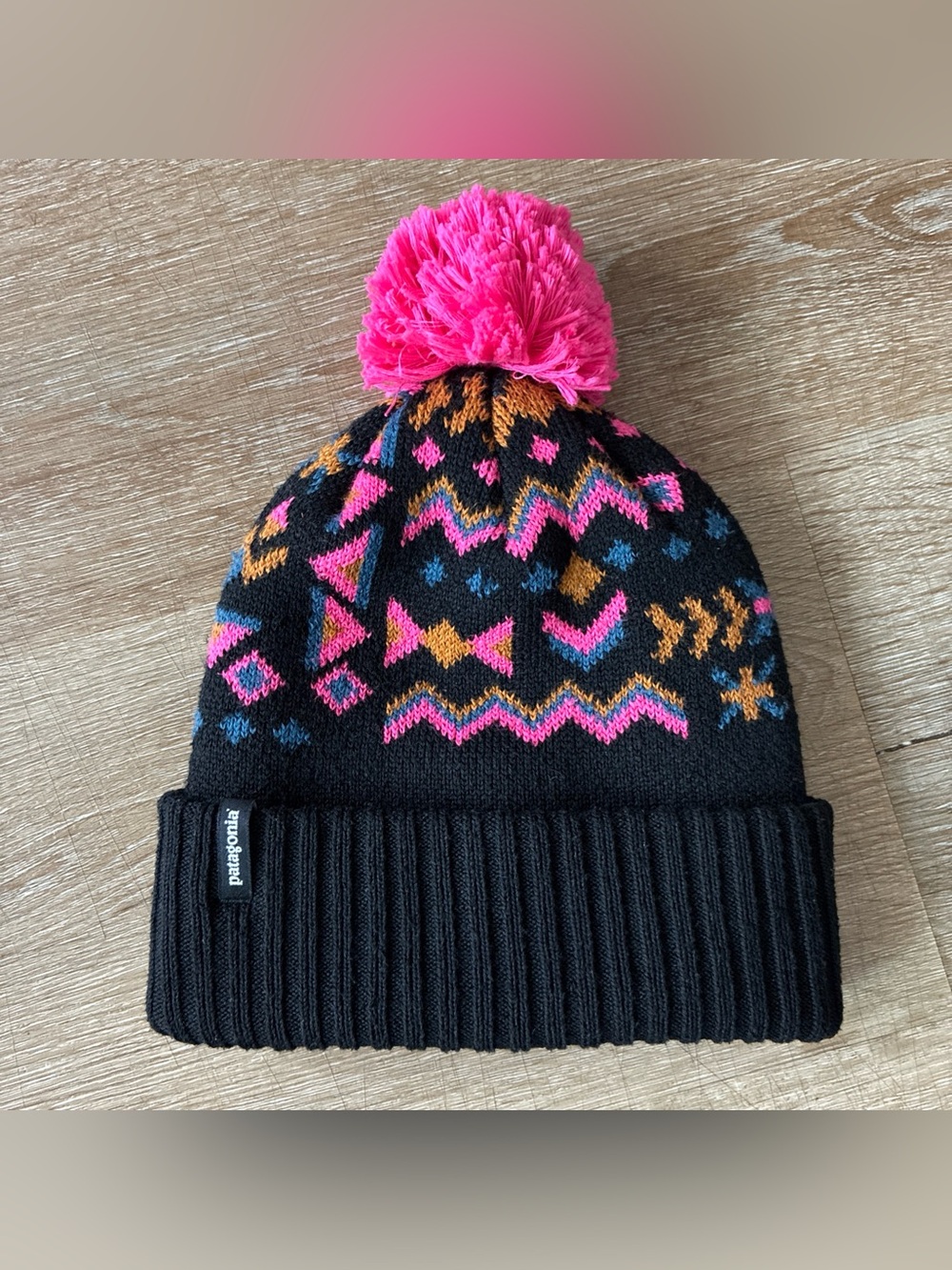 Patagonia Beanie Hat Cap Youth Pink Black Powder Town Pom Ski Ribbed Knit